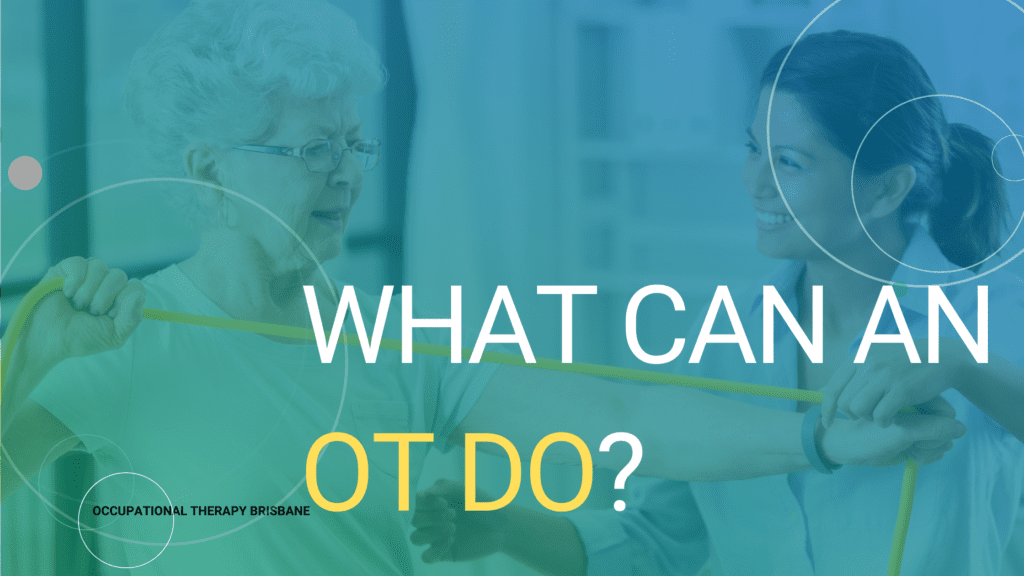 An older lady with an OT using a therapy band for strength training